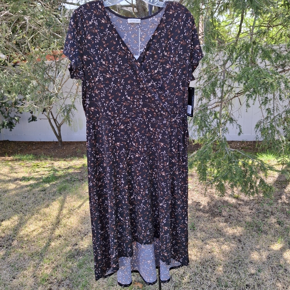 Faux Wrap Dress In Black With Brown And White Floral Pattern